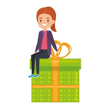 sevimli küçük öğrenci kız giftbox oturmuş