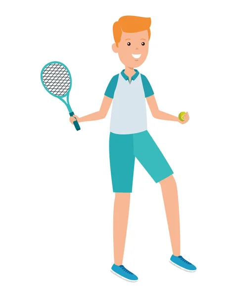 Menino atlético feliz com raquete praticando tênis — Vetor de Stock