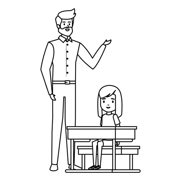 Schülerin auf Schulbank mit männlichem Lehrer — Stockvektor