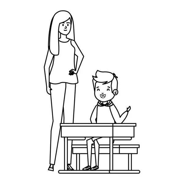 Élève garçon assis dans le bureau de l'école avec une enseignante — Image vectorielle