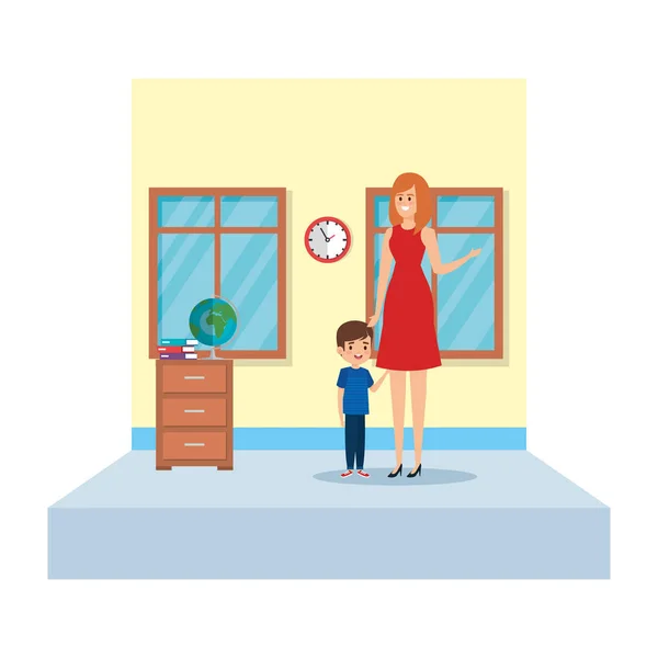 Female teacher and little boy in school classroom — Stock Vector