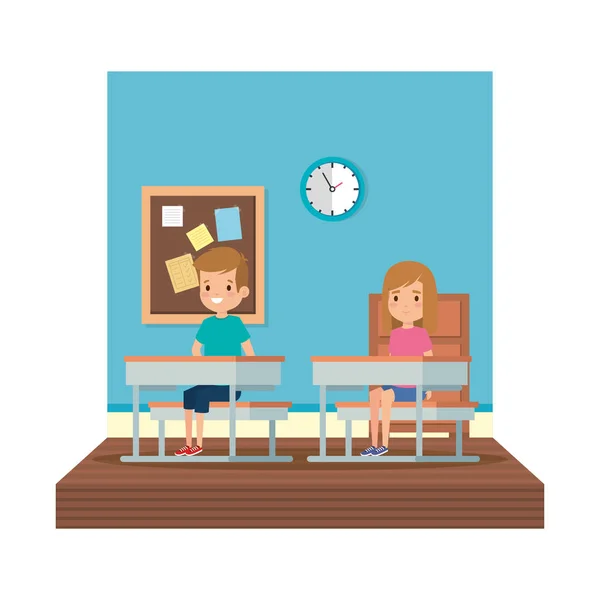 Pequenos alunos casal na mesa da escola na sala de aula — Vetor de Stock