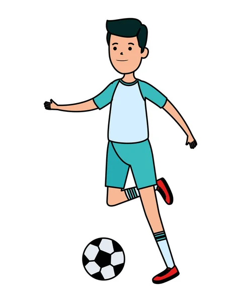 Niño atlético feliz practicando fútbol — Vector de stock