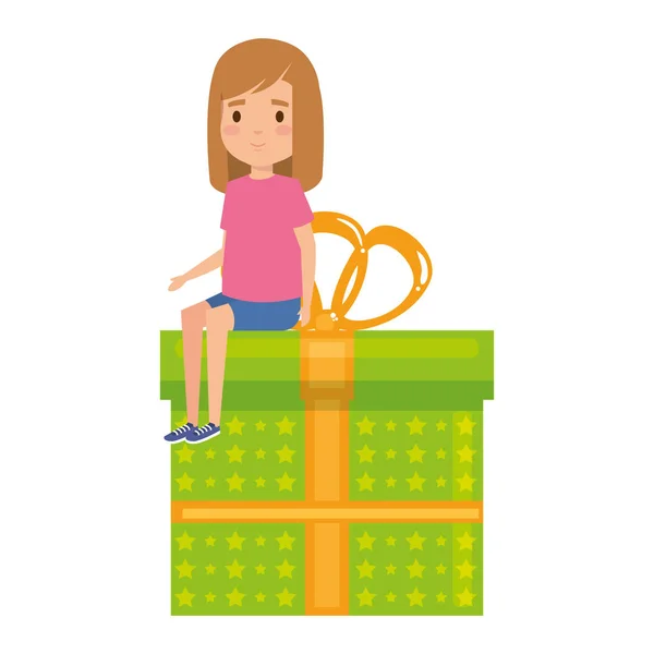 Cute little student girl seated in giftbox — Stock Vector