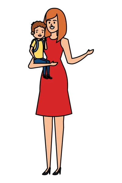 Schöne Mutter mit kleinen Sohnfiguren — Stockvektor