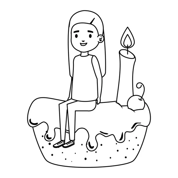 Mignonne petite fille assise dans le gâteau avec bougie — Image vectorielle