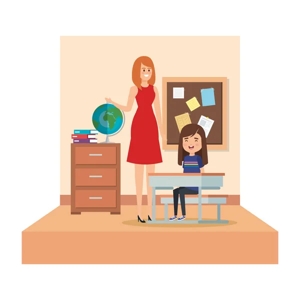 Female teacher and girl seated in desk in classroom — Stock Vector