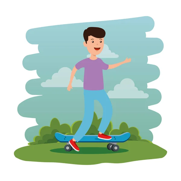 Happy young boy in skateboard on the park scene — Stock Vector