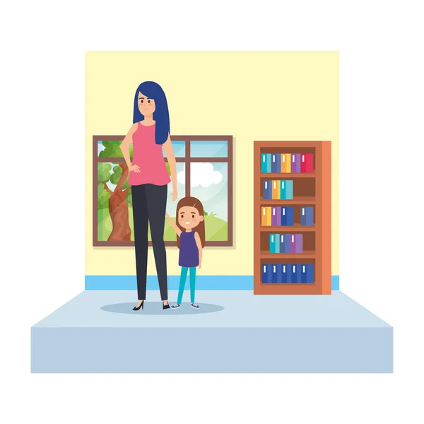 Female teacher and little girl in school classroom — Stock Vector