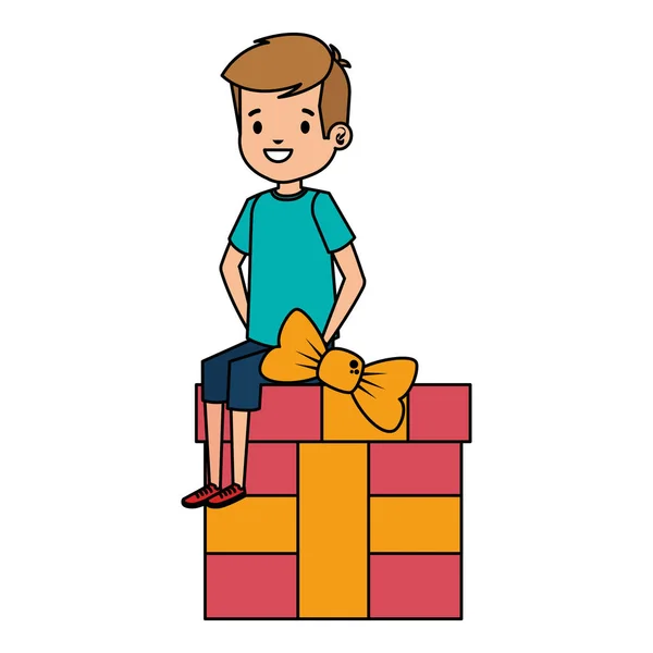 Malý školní chlapec sedící v giftboxu — Stockový vektor