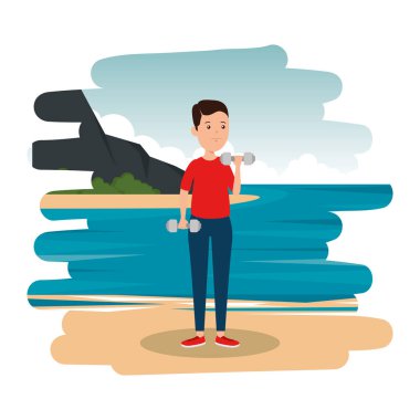 sahilde mutlu atletik çocuk ağırlık kaldırma