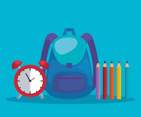 Saat alarmı ve kalem renkleri ile sırt çantası — Stok Vektör