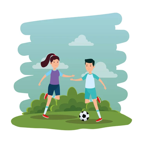 公園でサッカーを練習する幸せな運動カップル — ストックベクタ
