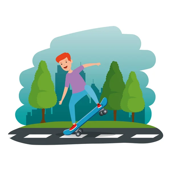 Heureux jeune garçon en skateboard dans la route — Image vectorielle