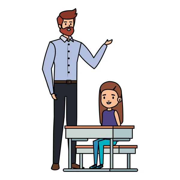 Μαθήτρια στο σχολικό γραφείο με αρσενικό δάσκαλο — Διανυσματικό Αρχείο