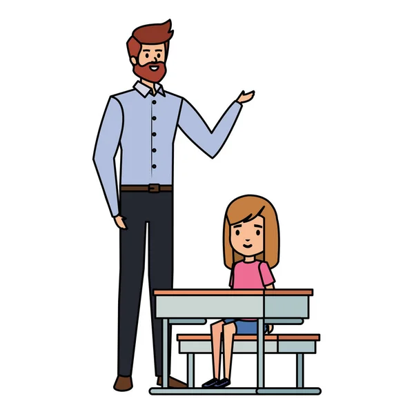 Estudante menina na escola mesa com professor masculino —  Vetores de Stock