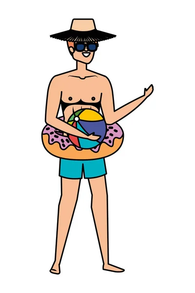 Joven con carácter de donut float y globo de playa — Vector de stock