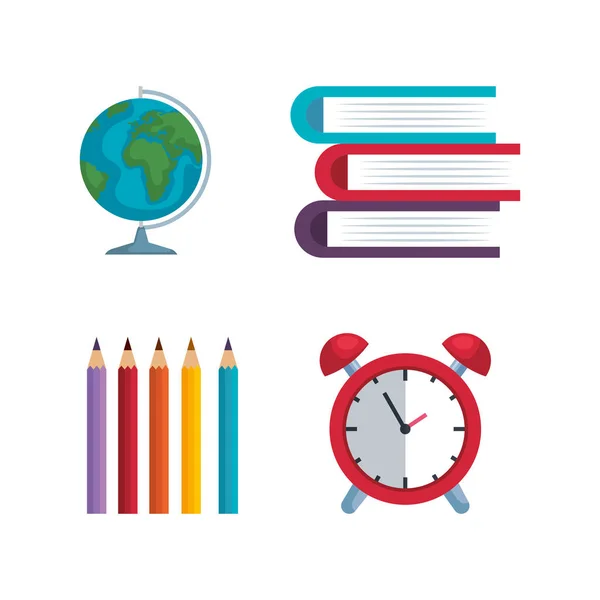 Conjunto de mapa global con lápices de colores y libros con alarma de reloj — Vector de stock