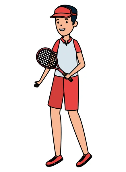 Счастливый спортивный мальчик с ракеткой практикующий теннис — стоковый вектор