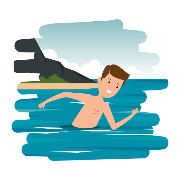 Jong jongen shirtloos zwemmen in de zee — Stockvector