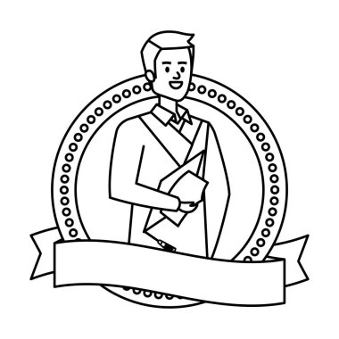 young man student graduated in ribbon emblem