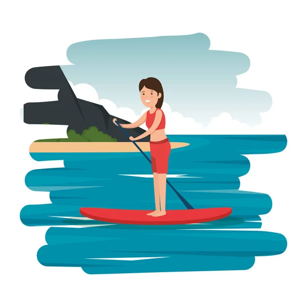 Happy athletic girl practicing surf in the sea — Stock Vector
