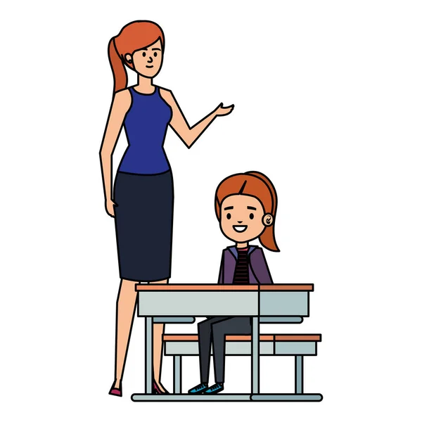 Студентка за школьным столом с учительницей — стоковый вектор
