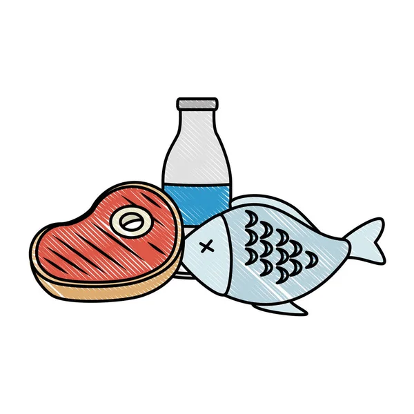 Biftek ve süt ile lezzetli balık eti — Stok Vektör