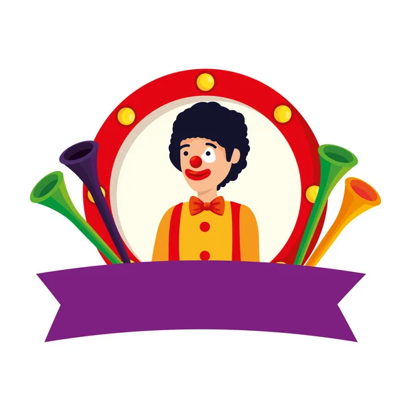 Palhaço de circo com trombetas em emblema — Vetor de Stock