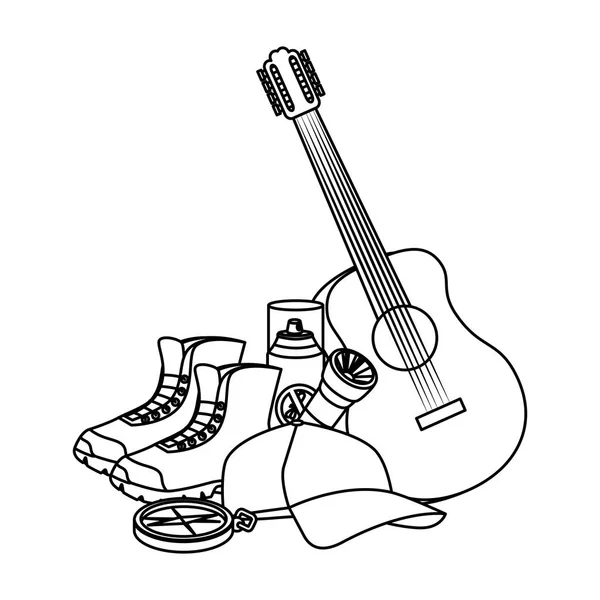 Instrumento de guitarra con equipo de camping — Vector de stock