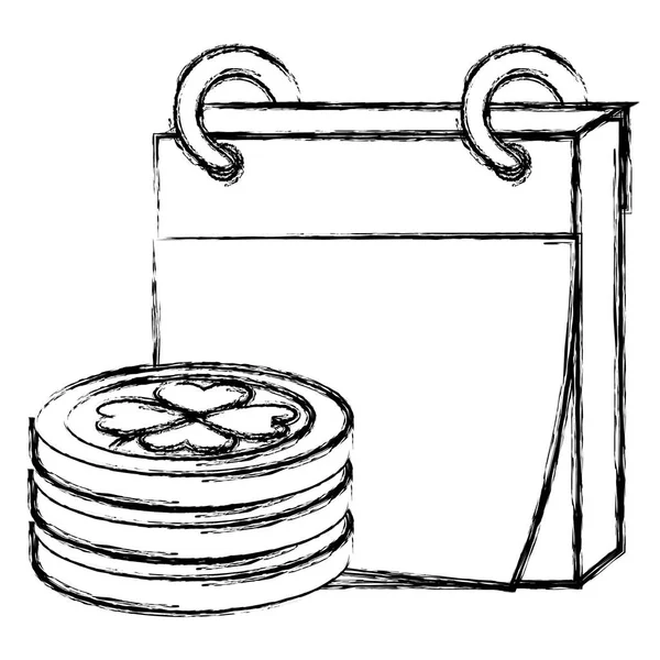 Monedas de pila con trébol y calendario — Vector de stock