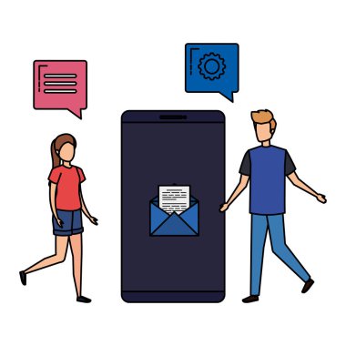 Akıllı telefonu ve konuşma baloncukları olan genç bir çift.