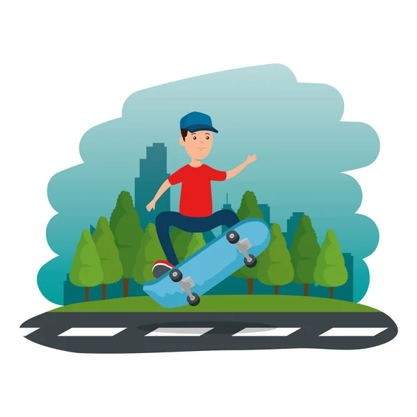 Happy young boy in skateboard in the road — Stock Vector