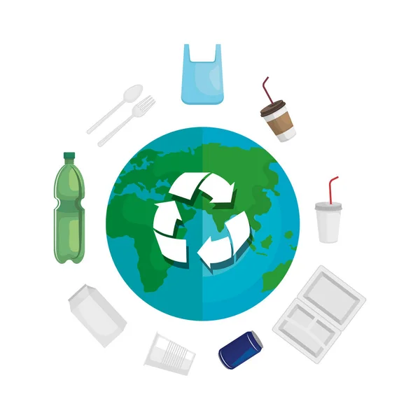Aarde met recycle pijlen en recyclebare producten — Stockvector