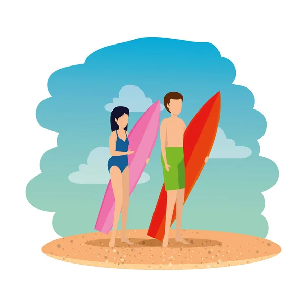 Pareja joven con traje de baño y tabla de surf en la playa — Vector de stock