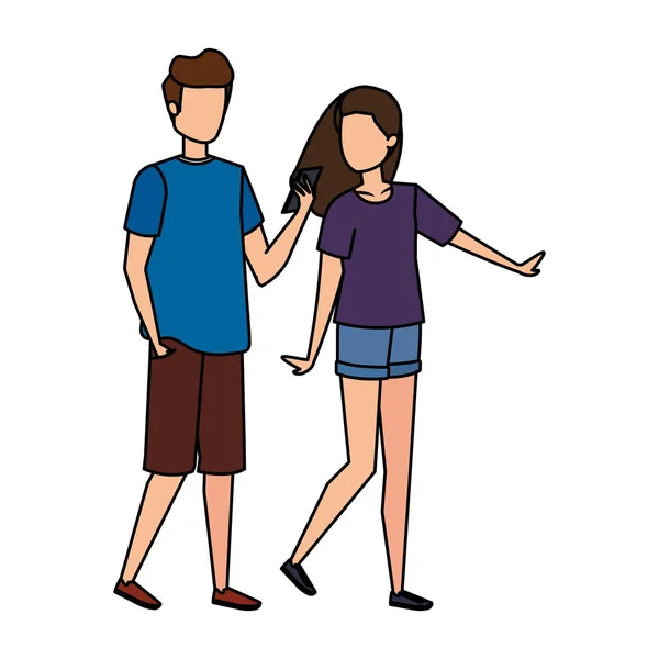 Junges Paar mit Smartphone-Zeichen — Stockvektor
