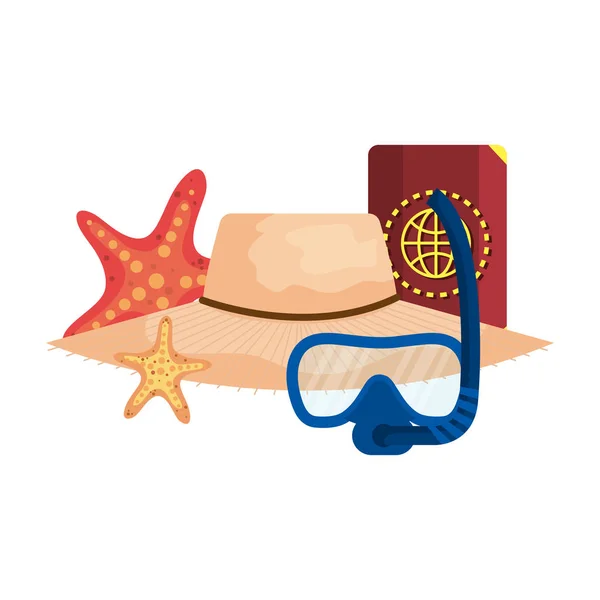 Buceo máscara de snorkel y pasaporte con sombrero de paja — Vector de stock