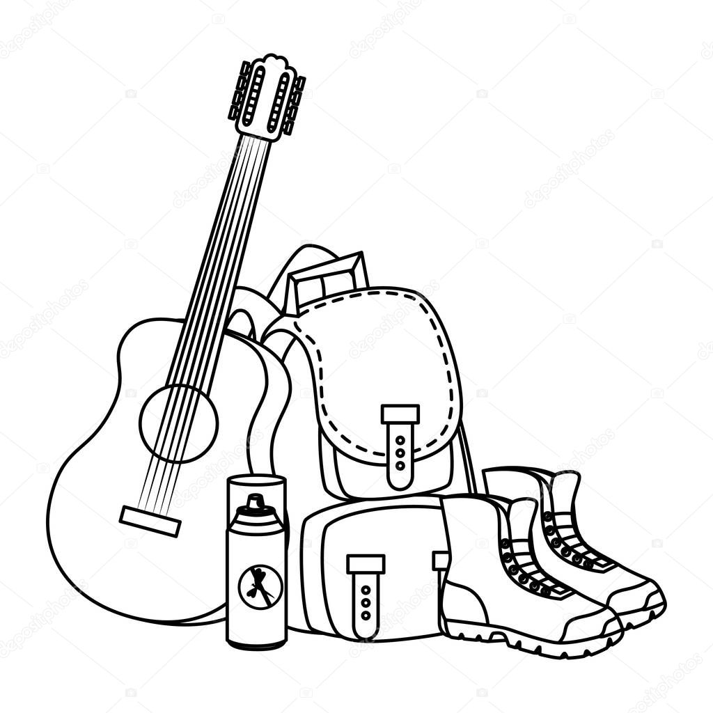 camping travel bag with guitar and boots