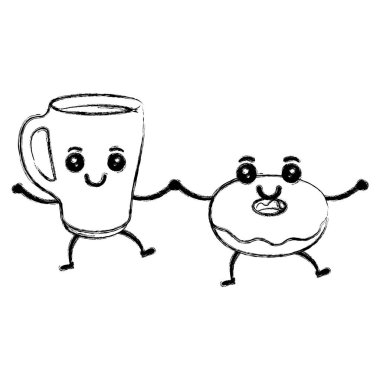 tatlı çörekler kawaii karakterleri ile kahve fincanı