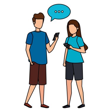 Genç çift konuşma baloncuğu ile akıllı telefon kullanıyor