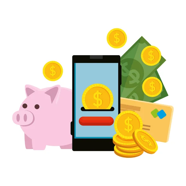 Para dolar ve piggy ile akıllı telefon — Stok Vektör