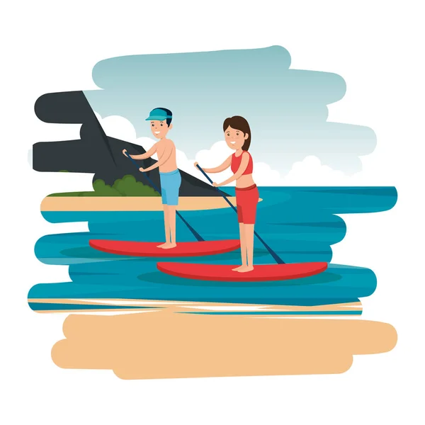 Happy athletic couple practicing surf in the sea — Stock Vector