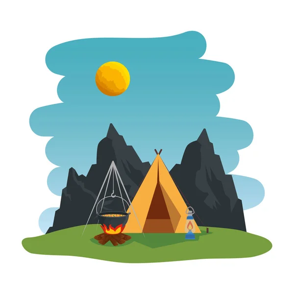 Camping avec tente de camping et scène de feu de camp — Image vectorielle