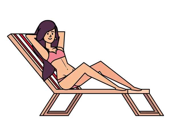 Hermosa chica relajante en silla de playa con carácter avatar swimsut — Vector de stock