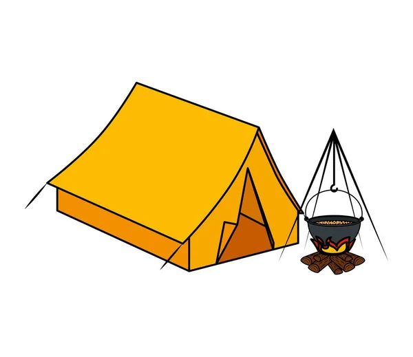 Barraca de acampamento com ícones de fogo de madeira — Vetor de Stock