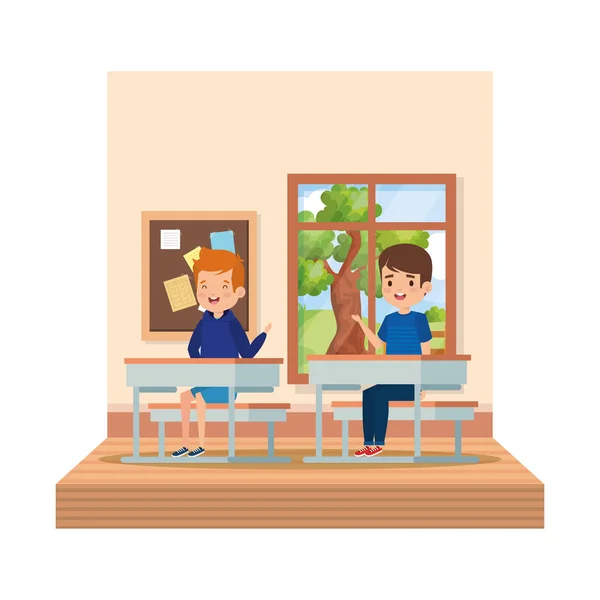 Kicsi diákok fiú ülő-ban iskola Iskolapad-on osztályterem — Stock Vector