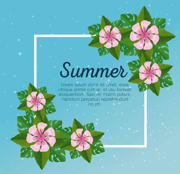 Tarjeta de verano con flores tropicales y hojas — Vector de stock