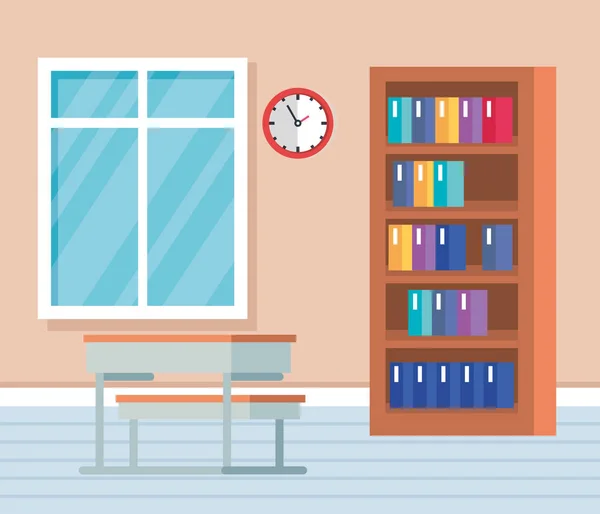 Akademiskt klassrum med böcker inuti bokhylla och skrivbord — Stock vektor