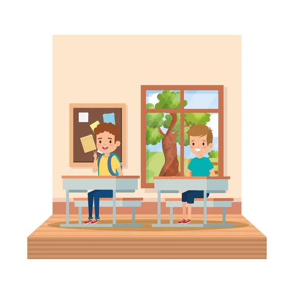 教室の学校の机に座っている小さな生徒の男の子 — ストックベクタ