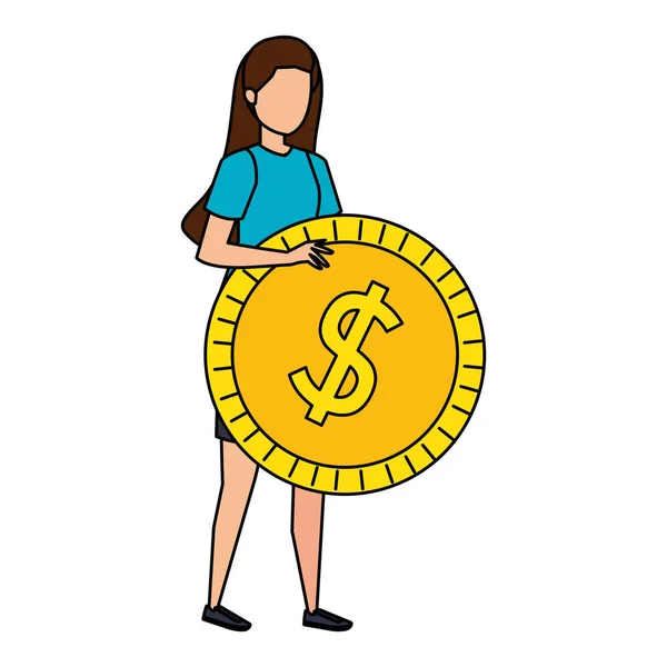 Junge Frau hebt Münzgeld Dollar — Stockvektor